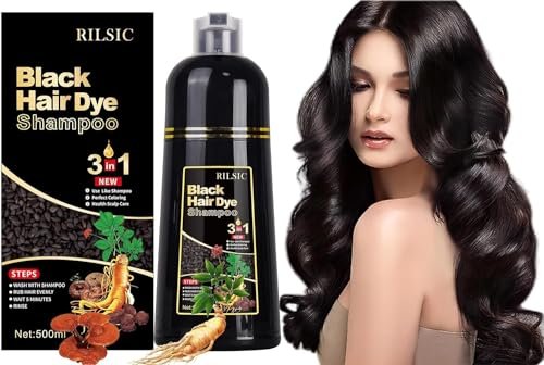 RILSIC Shampoo Colorante Nero Donna Uomo, 500ML Shampoo Colorante Capelli Bianchi, Black Hair Dye Shampoo 3 in 1, Shampoo per Capelli Bianchi, Shampoo Capelli Colorati Tintura Capelli istantanea