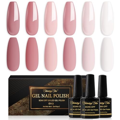 Shining She Smalto Semipermanente per Unghie, 6 Colori Nude Rosa Bianco Rosa-Marrone Smalto Semipermanente Unghie Soak-Off UV per Novice Nail Art DIY, 8ml