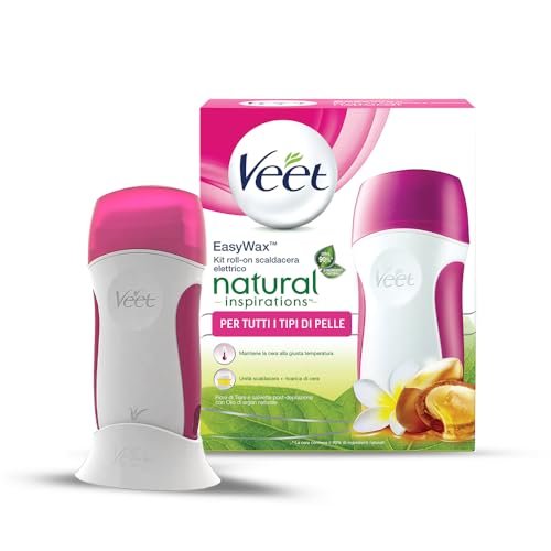 Veet Kit Ceretta Roll-On, Scaldacera Elettrico Professionale, Cera Depilatoria con 90% di Ingredienti di Origine Naturale con Ricarica Inclusa + 12 Strisce e Salviette Post-Epilazione