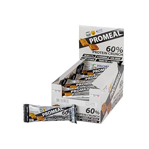 Volchem Promeal Protein Crunch 60, Barretta Proteica al 60% di Proteine, con Carnitina, Creatina e Vitamine, Senza Grassi Idrogenati e con Pochi Zuccheri, Scatola da 20 Barrette, Gusto Cacao, 800 g