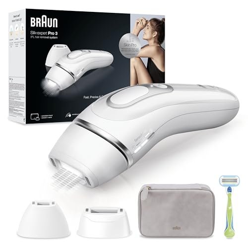 Braun Silk-expert Pro 3 Epilatore LUCE PULSATA, Alternativa al laser, Ideale per Zone Sensibili, Viso, Bikini e Ascelle, 2 Testine, Rasoio, Custodia Viaggio, Idea Regalo, PL3133 Bianco e Argento