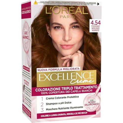 L’Oréal Paris Colorazione Triplo Trattamento Excellence, Con Acido Ialuronico, 100% Copertura Capelli Bianchi, Per Capelli Più Idratati, Castano Mogano Ramato (4,54)