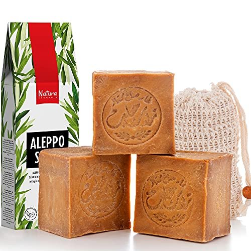 Natura Germania® Set di 3 saponi originali di Aleppo, ciascuno circa 200 gr (circa 600 gr in totale), 90% olio d'oliva / 10% olio di alloro + sacchetto per sapone in sisal | Sapone naturale