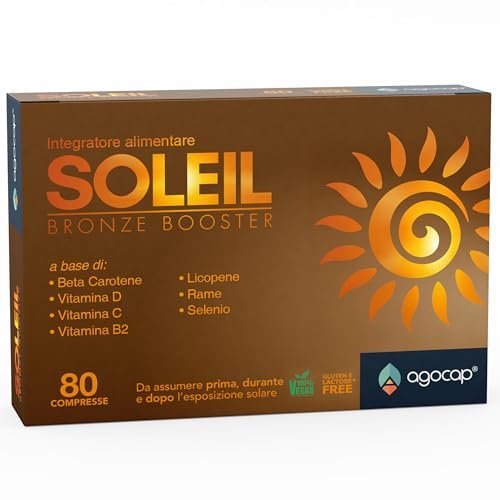 Acceleratore Abbronzatura Forte, SOLEIL. Integratore abbronzatura, 80 compresse con Betacarotene, Rame, Selenio, Licopene, Vitamine C, D, E, B. Autoabbronzante corpo - Prepara, Accelera e mantiene