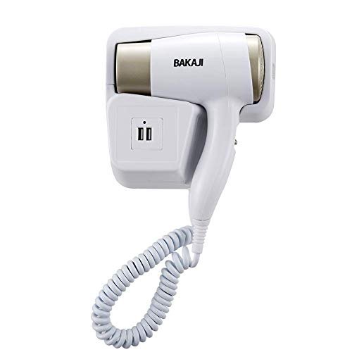 Bakaji Asciugacapelli da Parete Muro Phon Asciuga Capelli Bagno Potenza 1300W Temperatura Regolabile Ingresso USB Ricarica Smartphone 22x18x6cm Colore Bianco Platino per Casa Hotel