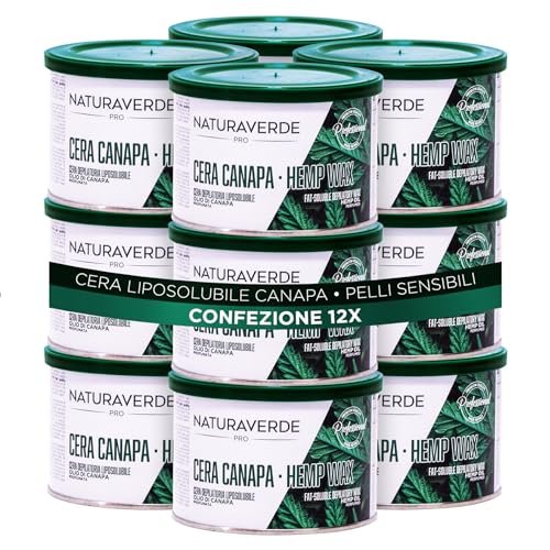 Naturaverde | PRO - Barattolo Cera Depilatoria Liposolubile Canapa, con Olio di Canapa Sativa, Proprietà Nutrienti, Per Pelli Sensibili, Ceretta a Caldo, 12 pz x 400 ml