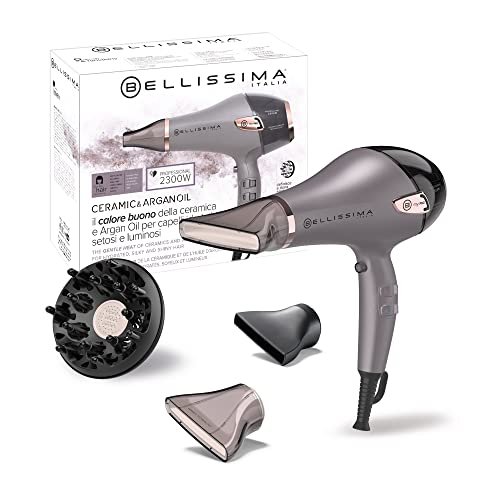 Bellissima Imetec - Asciugacapelli Professionale Ceramic & Argan Oil - Potente 2300W, Tecnologia Ceramica e Olio Argan, con Ionizzatare, Diffusore per Ricci, 2 Convogliatori per asciugatura e styling