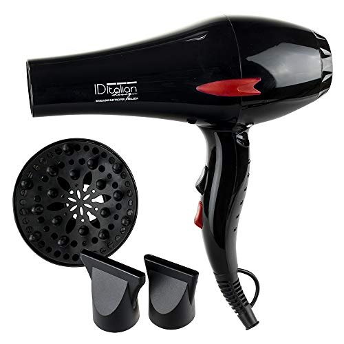 ID Design italiano | Asciugacapelli professionale con diffusore; 2 velocità e 3 livelli di calore - Potente motore da 2200 W - Colore nero