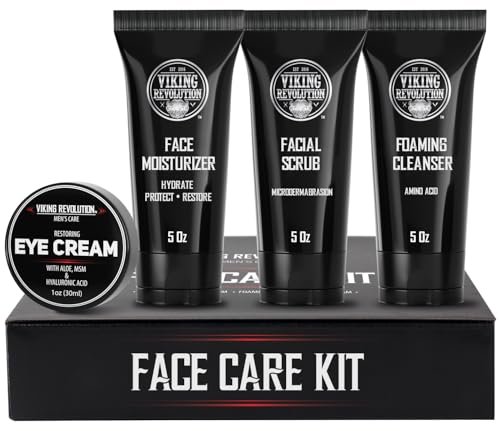 Viking Revolution - Skin Care Kit Uomo - Regalo Uomo - Include Idratante Viso, Scrub Viso, Detergente Schiumogeno (148ml) e Crema Contorno Occhi (30ml)