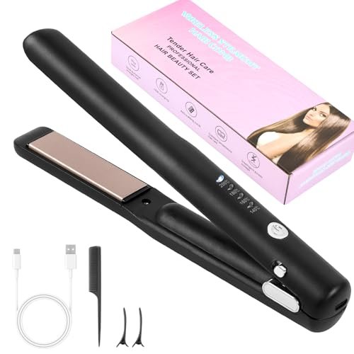 Alaoo Piastra per Capelli, Portatile Piastra da Viaggio per Capelli 2 in 1, Piastra Senza Fili Ricaricabile Usb con Temperature 4 Livelli, per Stili Ricci e Lisci(Nero)