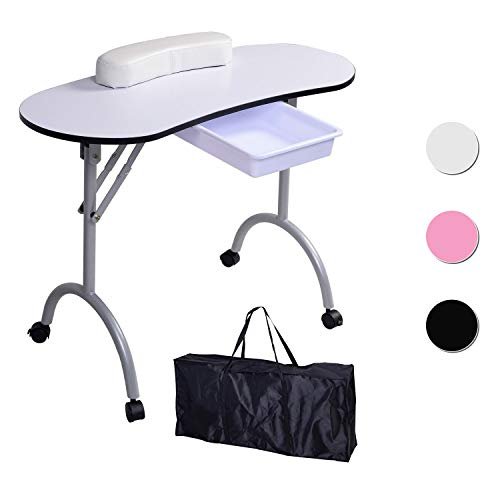 Beltom® TAVOLO MANICURE PROFESSIONALE PIEGHEVOLE CON CASSETTO, CUSCINO POGGIA POLSI E BORSA PESA SOLO 9,5 KG-DIMENSIONI 98x44x77 CM-RICOSTRUZIONE UNGHIE ESTETISTA NAIL ART ONICOTECNICA-Bianco