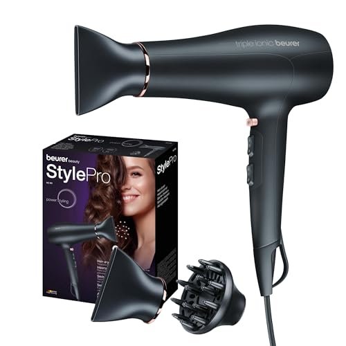 Beurer HC 50 Asciugacapelli agli ioni, Phon con 2 livleli di ventilazione e 3 di temperatura, 2200 watt, antistatico, con 2 accessori: bocchetta per lo styling e diffusore di volume