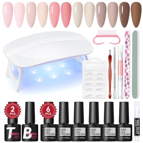 COSCELIA Set Smalto Semipermanente 6 Colori e Mini Lampada per Unghie Rosa Nudo Grigio Smalto in Gel per Unghie Soak off Base Coat Top Coat False Unghia Punto per Nails