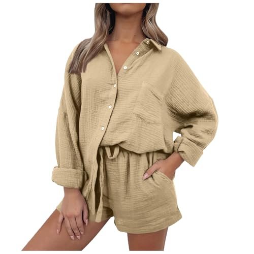 Duohropke Donna 2 Divisori Abbigliamento Revers Lounge Camicetta Camicia E Vita Alta Pantaloncini con Coulisse Tinta Unita Elegante Loungewear Tuta Cotone Lino Estetico Due Pezzi, cachi, S