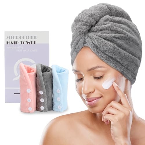 FREATECH 3 Pezzi Asciugamano Capelli in Microfibra - Asciugare Rapidamente i Capelli Bagnati senza Crespo, Turbante Capelli Morbido e Assorbente con 3 Bottoni per Donna, Bambino, Capelli Lunghi Ricci