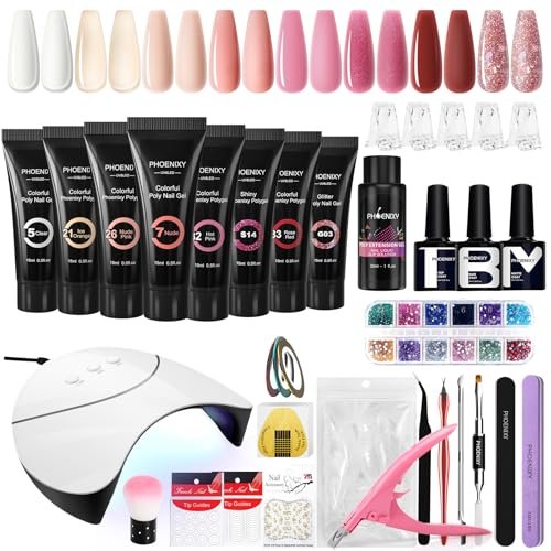 Kit Unghie Gel Completo, Phoenixy 8 Colori Rosa Gel Ricostruzione Unghie con Lampada per Unghie 36W U V/LED, Kit Ricostruzione Unghie Professionale con Base y Top Coat