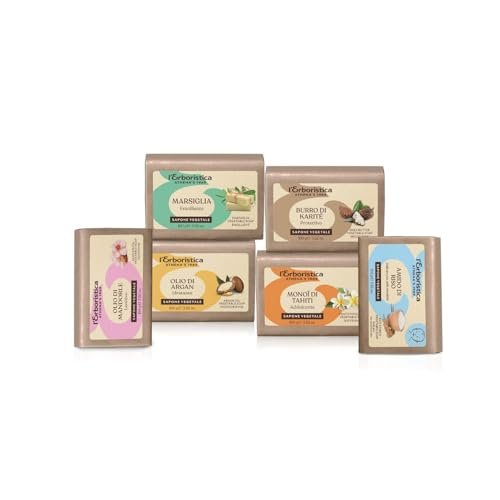 L'Erboristica Athena's | Saponi Vegetali Assortiti: Olio di Mandorle, Olio di Argan Bio, Amido di Riso, Burro di Karitè, Marsiglia, Olio di Monoi, Peso Saponetta 100 gr, 6 Pezzi, Made in Italy