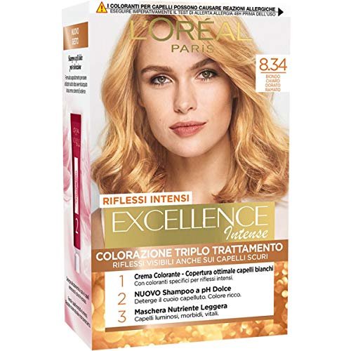L'Oréal Paris Tinta Capelli Excellence Intense, Copre i Capelli Bianchi, Colore Ricco, Luminoso e a Lunga Durata, Biondo Chiaro Dorato Ramato 8.34, Confezione da 1