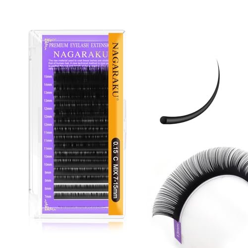 NAGARAKU Extension Ciglia Naturali Ciglia Singole Classico One to One Naturali Estensione Delle Individuale Finte Ciglia Volume Russo Eyelash Extensions Ciglia Nero 16 Rows(0.15mm C Curl 7-15mm)