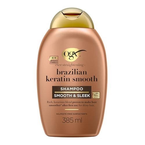 OGX Shampoo Cheratina Ever Straightening + Brazilian Keratin Smooth, Shampoo idratante con Cheratina per capelli lisciante e Olio di Cocco e Avocado, Shampoo capelli ricci, mossi e crespi, 385 ml