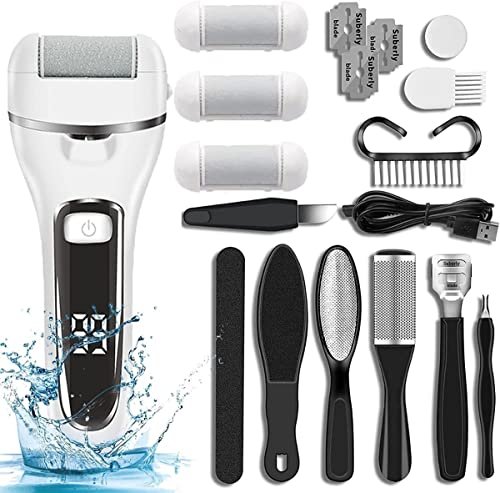Pedicure Elettrico Professionale Set Rimozione Calli Piedi, Ricaricabile, Kit con 3 Rulli, Illuminazione, 2 Velocità e 17 Strumenti (Bianco)