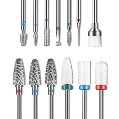 Set di 13 punte da trapano per unghie, 3 punte in carburo di tungsteno, 3 punte da trapano in ceramica, 6 punte per trapano diamantate, 1 pennello, punte da trapano da 3/32 per manicure pedicure