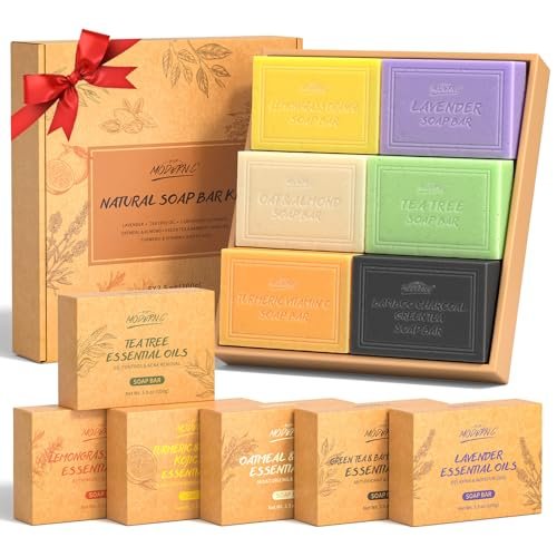 Set regalo saponette naturali, 6 pezzi Sapone da bagno, Sapone biologico per uomini e donne, Sapone viso e corpo, Lavanda, Mandorla Avena, Curcuma Acido cogico, Carbone di bambù, ecc. 6x100g