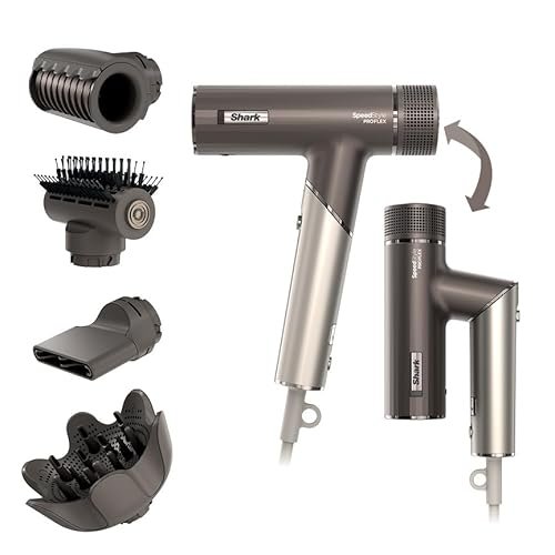 Shark SpeedStyle Pro FLEX Asciugacapelli, Alte Prestazioni, Alta Velocità, 4 Accessori Styling, Leggero, Ionico, Non Danneggia i Capelli, Manico Pieghevole, Tutti i Capelli, Argento Mocha HD542EU