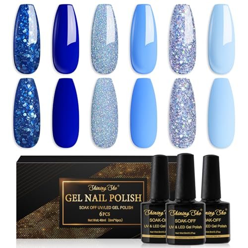 Shining She Smalto Semipermanente Blu,6 Colori Serie Oceanica Azzurro Zaffiro Glitter Soak-Off UV Smalto Unghie per Novizia Nail Art DIY,8ml