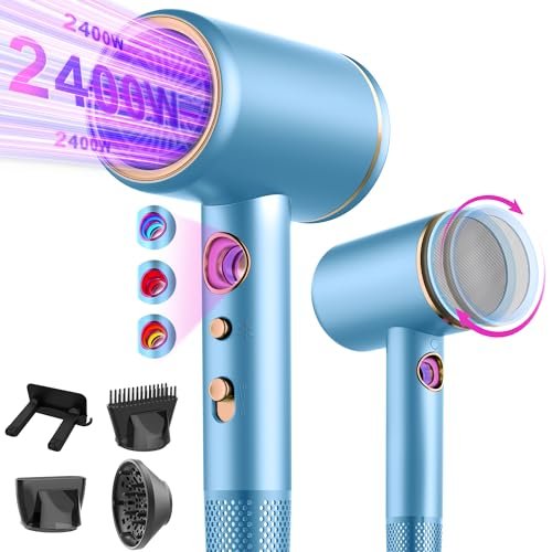 Tisoutec Asciugacapelli Ionico Phone per Capelli professionale Ioni AC Motore Phon Capelli 2400W,phon da viaggio diffusore|phon 4-in-1|pulsante aria calda/fredda|3 livelli+3 velocità|asciugacapelli