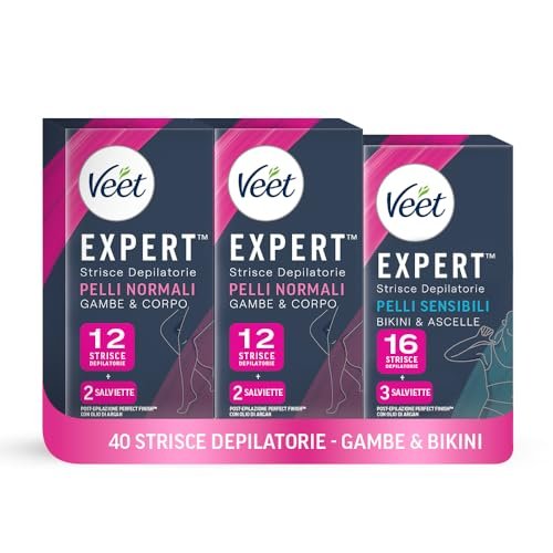 Veet Expert Mix Strisce Depilatorie, Ceretta Gambe e Corpo per Pelli Normali (24 Strisce) e Ceretta Ascelle e Zona Bikini per Pelli Sensibili (16 Strisce) + 7 Salviette Post-Epilazione