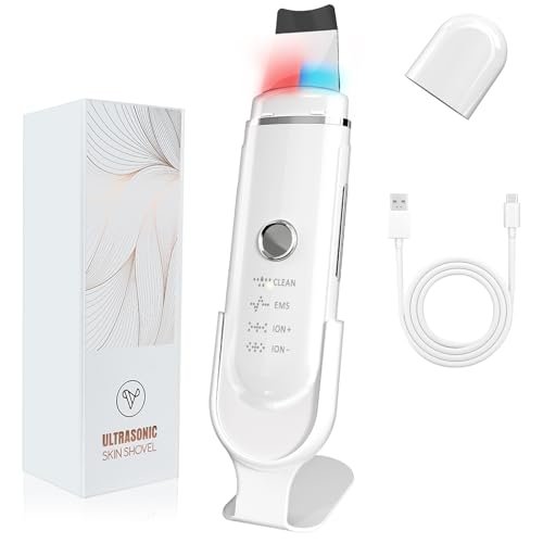 Yeerain Pulizia Viso Ultrasuoni, Skin Scrubber con 4 Modalità e Luce Rossa e Blu, Spatola Professionale Punti Neri Rimozione Pulizia Profonda la Viso Peeling e Cura