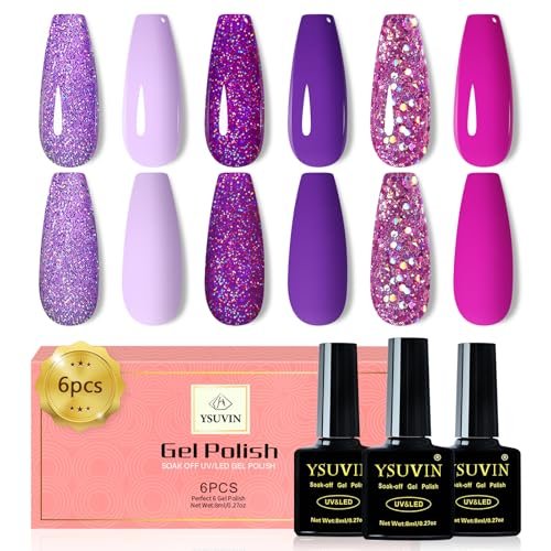 YSUVIN Smalto Semipermanente Unghie, 6 Colori Serie Viola, Scuro, Chiaro, Glitterato, Soak Off UV/LED Lampada Diy Manicure Nail Art Set, 8ml