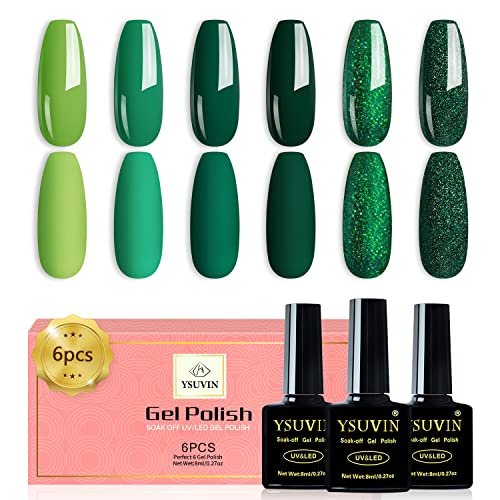YSUVIN Smalto UV verde, 6 pezzi verde glitter gel smalto Soak-Off UV smalto set per principianti fai da te manicure salone durevole 8 ML