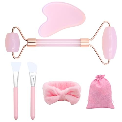 ZYKORT Guasha Kit, Massaggiatore Viso e Collo, Quarzo Rosa Skin Care Set, Rullo di Giada e Pietra Guasha, Lenisce i Muscoli e Riduce il Gonfiore
