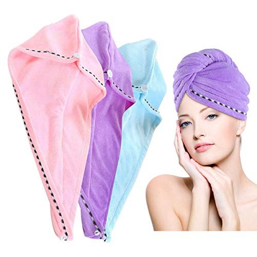 3 Pezzi Asciugamano Capelli Turbante in Microfibra, Asciugamano per asciugare Capelli con Chiusura Bottone, Asciugamani in Microfibra Asciugacapelli