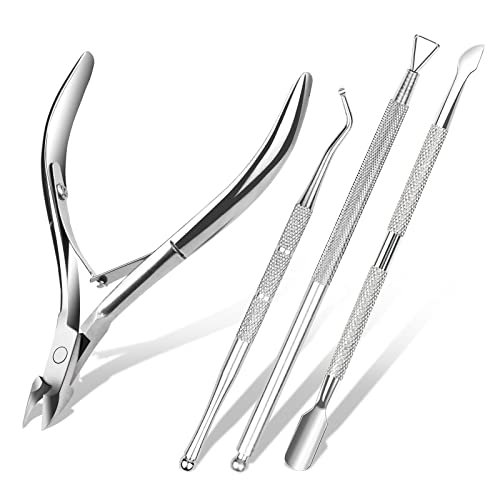 ACWOO Taglia Cuticole Professionale, 4 Pezzi Tronchesi per Cuticole, Tronchese Unghie Acciaio Inox per Unghie Incarnite Spesse Dure, Kit di Strumenti per Manicure con Spingi Cuticole (d'argento)
