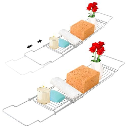 Avilia Mensola Vassoio Portaoggetti Estendibile e Adattabile per Vasca da Bagno - Realizzato in Acciaio Inox è Ideale per Momenti di Relax o Come Appoggio per Shampo, Bagnoschuima e Sapone