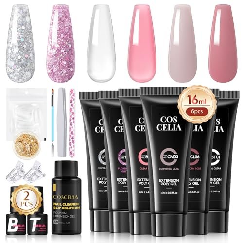 COSCELIA Gel Ricostruzione Unghie 16pcs, 6 Colori 16ml Kit Ricostruzione Unghie con Base e Top Coat Clip Unghie, Soluzione Slip Decorazioni per Unghie Builder Regali per Donne
