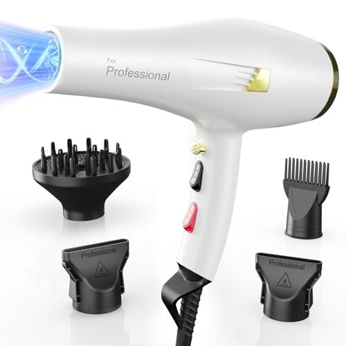 Dekuri Phon Capelli Asciugacapelli Professionale 2000W con Tecnologia Ionica, Asciugatura Rapida e Delicata, Ideale per Ricci e Lisci, con Diffusore, Ugelli Styling e Pettine, Bianco