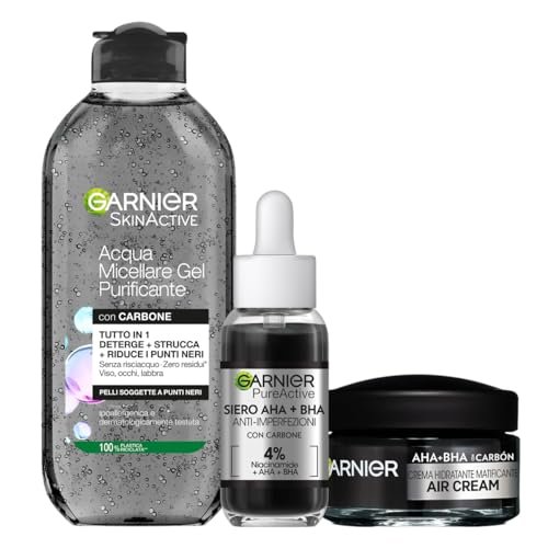 Garnier Kit SkinActive Acqua Micellare Gel Purificante, Siero AHA+BHA Anti-Imperfezioni, e Air Cream AHA+BHA Crema Opacizzante con Carbone, Pelle Purificata e Uniforme, 400 ml + 30 ml + 50 ml