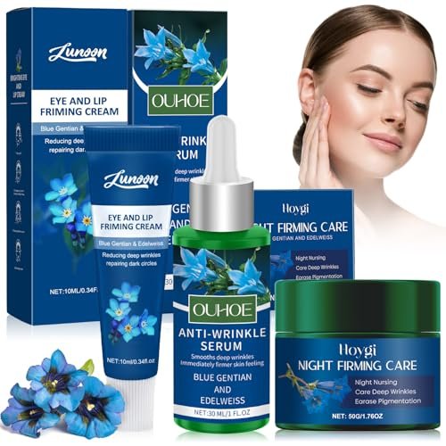 Genziana Blu, Cura Rassodante Notturna Biologica e Siero Viso Contouring, Crema Contorno Occhi, Genziana Blu e Stella Alpina, Idratante e Illuminante, Riduce le Rughe Profonde