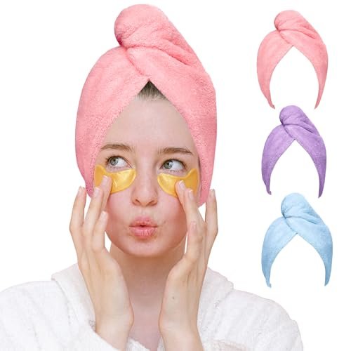 Good Nite Set da 3 Turbante Asciugacapelli in Microfibra con Bottone Asciugamano per Capelli Rapido e Morbido Ideale per Capelli Ricci Lisci