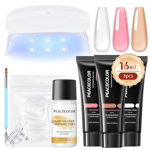 PEACECOLOR Set Unghie Gel Ricostruzione 16ml, 3 Colori Gel Ricostruzione Unghie Poly Unghia Gel con UV/LED Lampada + Slip Solution, Kit Ricostruzione Unghie per Principianti al Fai Da Te a Casa