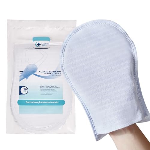 Quimed Italia - Manopole Saponate Monouso | Guanti Usa e Getta per Igiene Corpo | Dermatologicamente Testati | Guanti Insaponati per Cura Personale, Confezione da 40, Polietilene