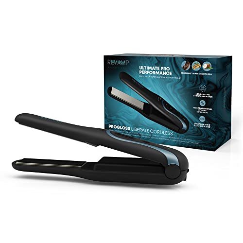 REVAMP Liberate Shine Piastra per capelli compatta in ceramica senza fili - Piastra per capelli senza fili, Piastra da viaggio con batteria ricaricabile, Piastra portatile per stili lisci, Nero