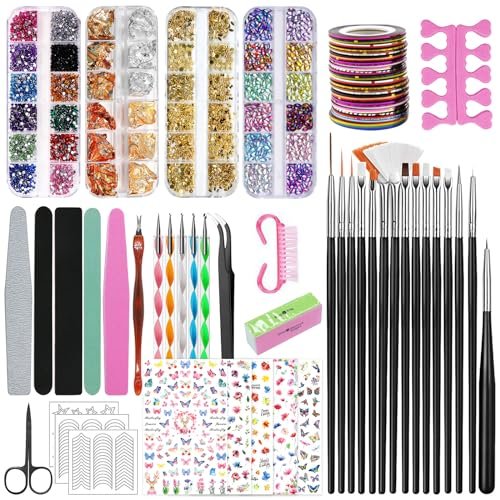 SAMISO Set per Nail Art, 96 Pezzi con 15 Pennelli, 5 Dotting Pen, Strass Colorati per Decorazione Unghie