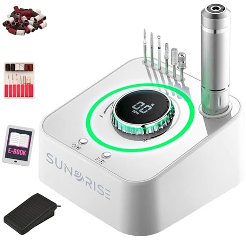 SUNORISE - Fresa per Unghie Professionale - 40000 giri, LED Multicolor e USB - Lima Elettrica per Unghie - 6 Punte 36 Cilindri - Fresa Unghie x Pedicure e Manicure Elettrico - Nail Drill (Bianco)