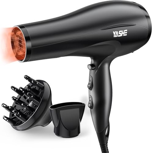 YASHE HD-8009BF Asciugacapelli Professionale, 2400W Phon Capelli Ionico da Salone con Diffusore e Bocchetta, Asciugatura Veloce con 2 Velocità, 3 Impostazioni di Calore e Pulsante Cool