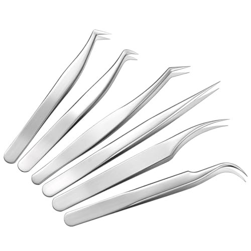 AAED Set di 6 Pinzetta Ciglia Finte Innesto di Ciglia Pinzette Extension Ciglia a Punta Curva Singola in Acciaio Inossidabile, Estensione Ciglia Professionale Pinze Pinzette Appuntita a Filo